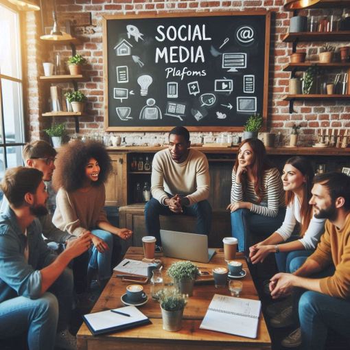 Grupo de pessoas sentadas em torno de uma mesa, discutindo social media, com um quadro-negro ao fundo que tem desenhos e texto relacionados às plataformas de mídia social.