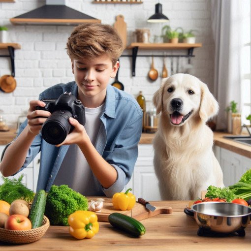 Pessoa segurando uma câmera fotográfica ao lado de um cão branco sorridente, com vegetais frescos em primeiro plano e uma cozinha moderna ao fundo.”