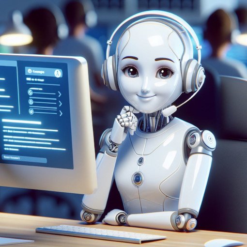 Robô humanoide em escritório moderno interagindo com computador exibindo gráficos, simbolizando automação e assistência virtual no trabalho.