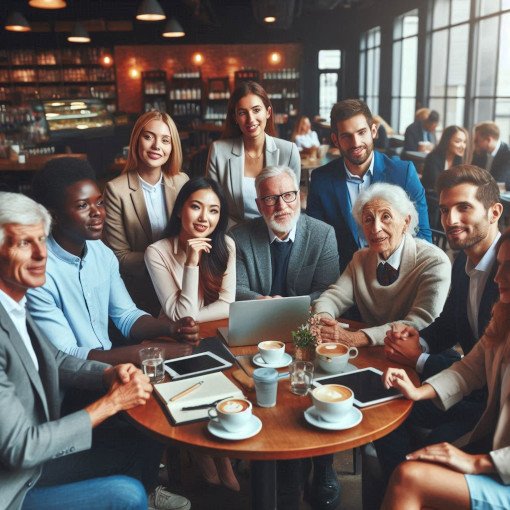 Grupo de profissionais em uma reunião em um café moderno, discutindo ideias ao redor de uma mesa com laptops e café.