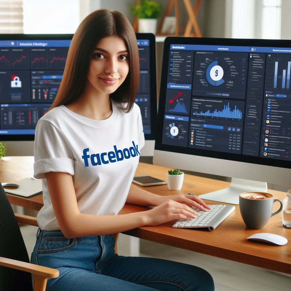 Uma gestora da rede social facebook, vestida com a camisola do Facebook em frente de dois monitores com graficos