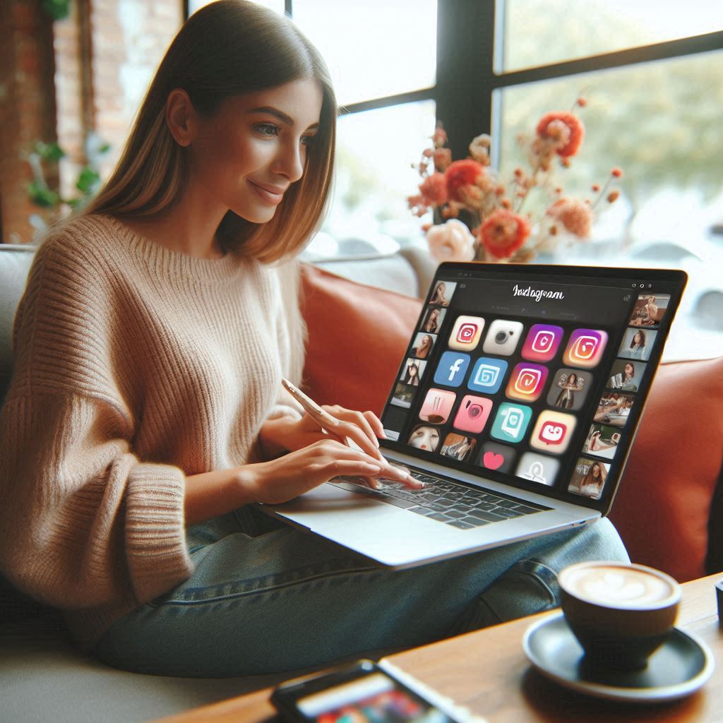 uma gestora da rede social Instagram, sentada com um computador portátil ao colo, a trabalhar no Instagam