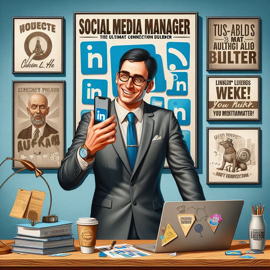 O gestor de social media da rede linkdin, com um telemovel na mão direita e como fundo um cartas com social media manager