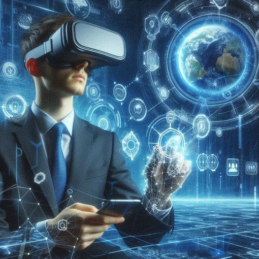 Homem em traje formal usando um dispositivo de realidade virtual, interagindo com gráficos holográficos, incluindo uma representação da Terra.