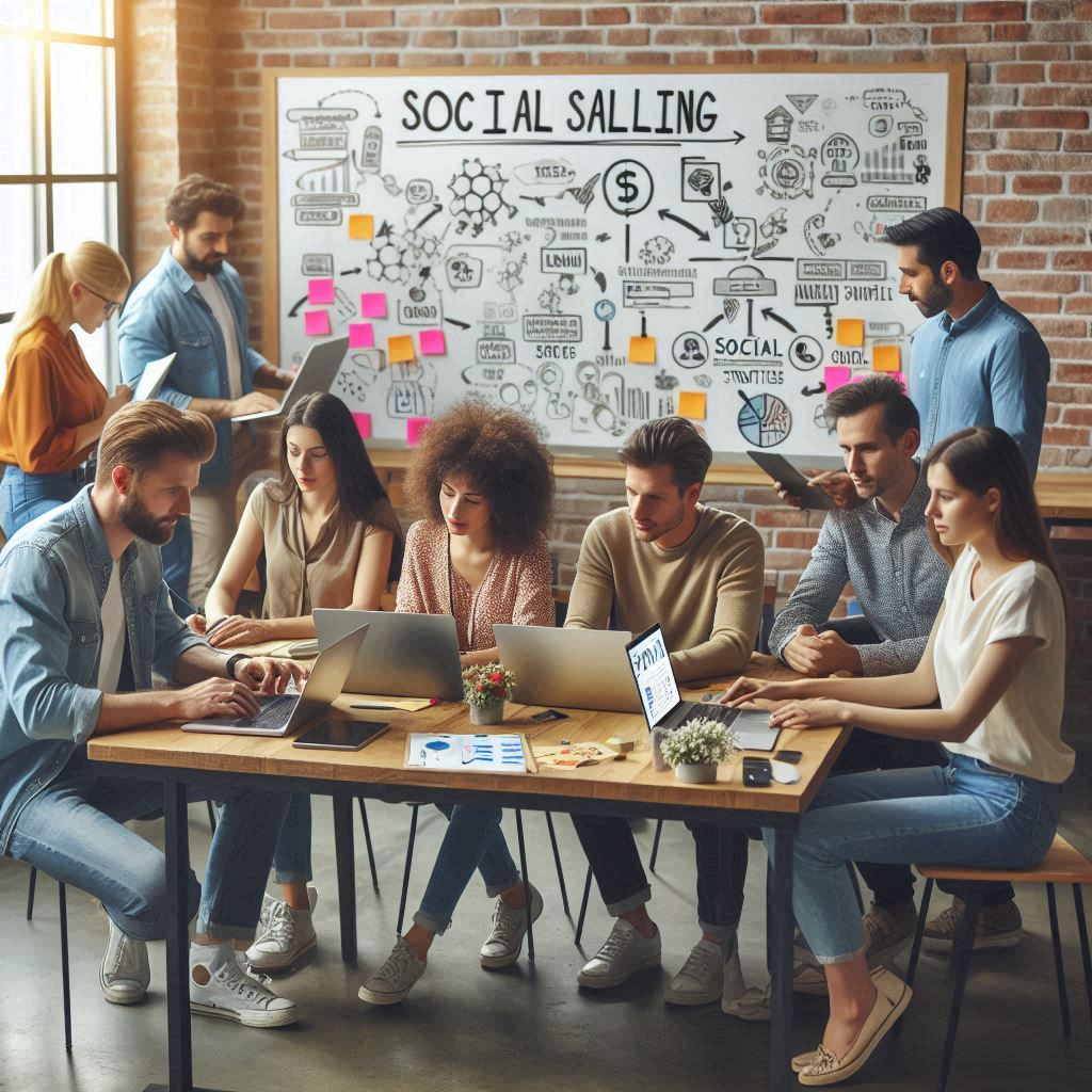 Uma imagem com seis pessoas sentadas á mesa, com computadores portáteis, ao fundo 3 pessoas em frente a um quadro com vários esquemas e escrito social Salling