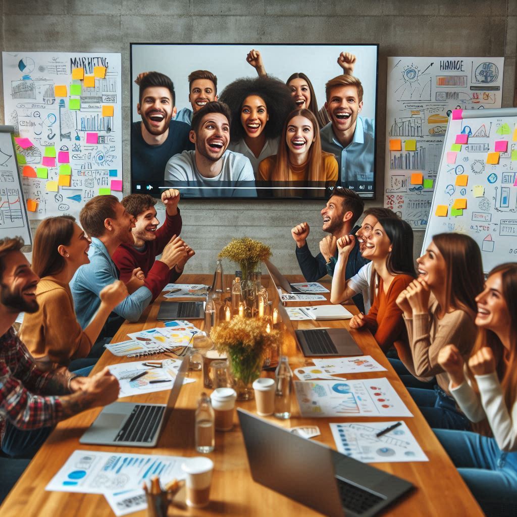 Equipe de negócios celebrando sucesso em uma sala de reuniões, com punhos erguidos e uma ecrã mostrando mais pessoas comemorando.